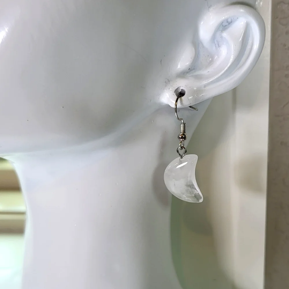 White Crescent Moon Dangle Earrings - Pierced | Celestial-Inspired Jewelry - Picture 2 of 5